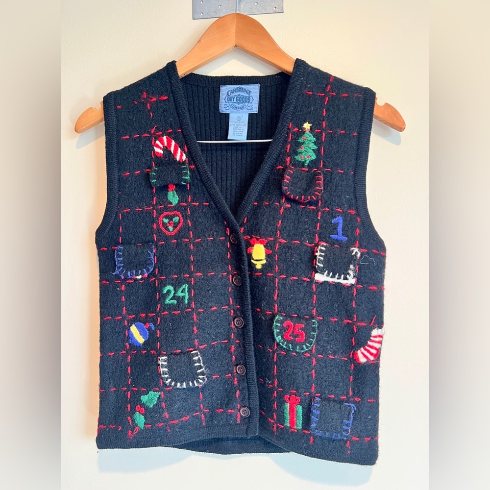 VTG Cambridge Dry Goods Vest Black Wool Advent Ugly Christmas Sweater Sz S 90s